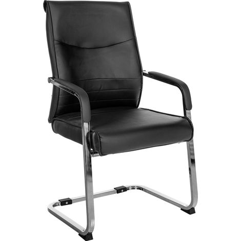 Poltrona da ufficio visitatore senza ruote, fusto a slitta in metallo cromato e seduta in PVC nero 100003349