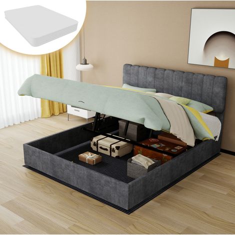Letto imbottito moderno in velluto olandese grigio 160x200 cm con testiera alta, struttura in metallo, materasso incluso