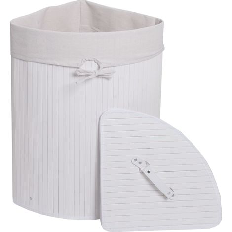 [NON UTILIZZATO] Cesta borsa portabiancheria bagno elegante HHG-117 legno bambù 35x48x61cm 50l, bianco