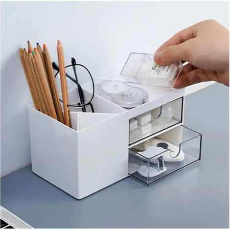 1 boîte de rangement bureau, porte-stylo 3 compartiments + 2 tiroirs transparents, ABS non toxique, pour bureau/étude/chevet (1/5)