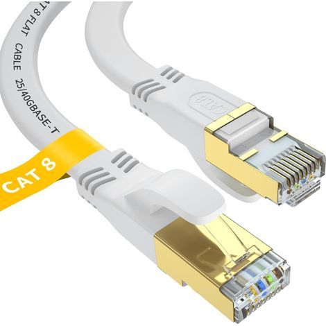 Câble Ethernet Cat 8 3m Plat, Cable RJ45 Plaqué Or, Haute Vitesse 40 Gbit/s, 2000 MHz, Pour Routeur/PC/Jeux/Modem, Plus Rapide que Cat7/Cat6/Cat5(Blanc) (1/5)