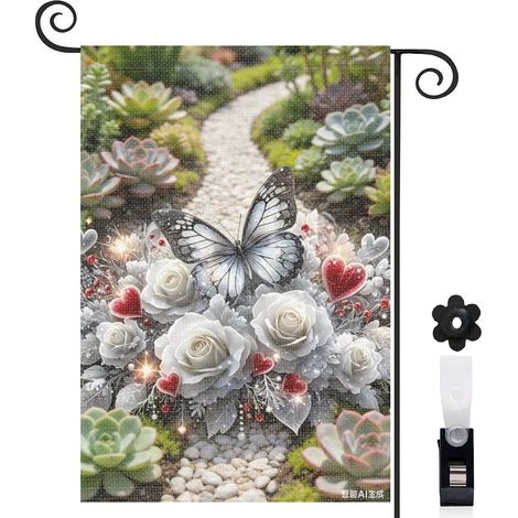 Drapeau de jardin vertical 30 x 45 cm motif papillon et bouquet floral toile double face durable (1/5)