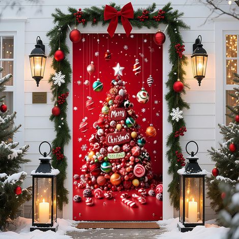 Décorations de Noël 2026 - Bannières, nœuds, décorations de Noël, rideaux de porte - 90 x 190 cm (taille élastique) - QL-49