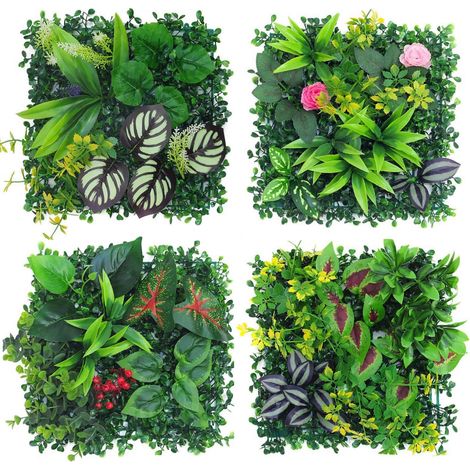 Lot de 4 plantes artificielles murales d'extérieur - 25 x 25 cm - Décoration pour mur, balcon et jardin (hybride 01) (1/5)