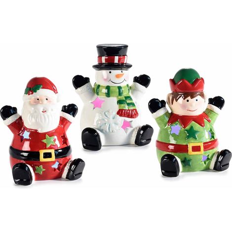 Personaggi natalizi decorativi in ceramica con luci led multicolore, set da 6 pezzi, cm 9 x 7,5 x 11,5 H