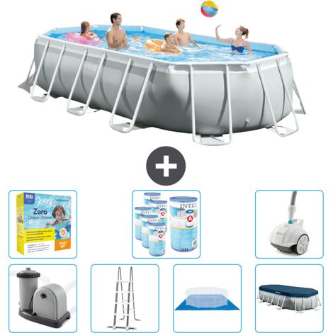 Intex Oval Prism Frame Swimmingpool – 503 x 274 x 122 cm – Grau – Inklusive Zubehör CB51