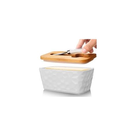 Grand beurrier en céramique avec couvercle, style campagnard, décoration de cuisine, ensemble blanc (1/5)
