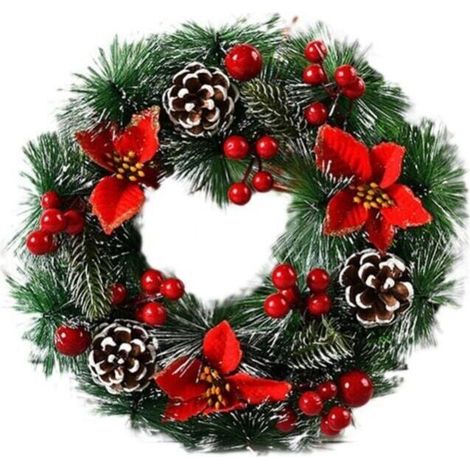 Artificial Christmas wreath made of green fir branches, decorated with pine cones and a bouquet of berries, front door wreath, party decoration, Christmas collection (1/3)