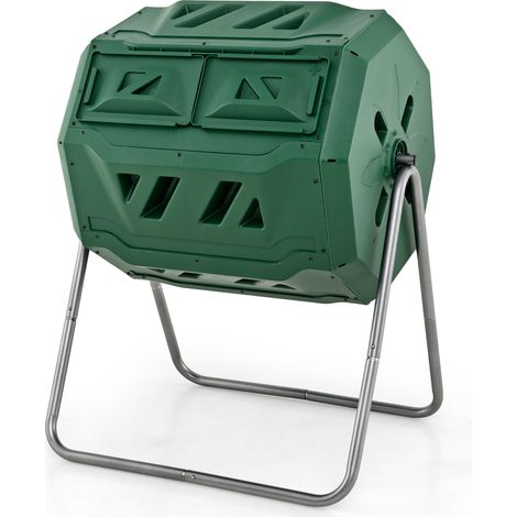 Composteur rotatif de jardin vert en fer et PP avec double compartiment et portes coulissantes pour jardin et potager (1/5)