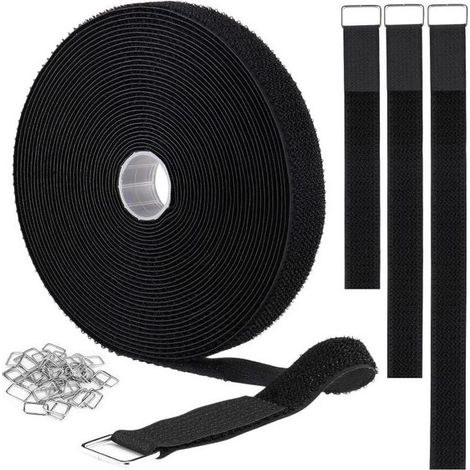 Sangle d'arrimage réglable avec 50 boucles métalliques pour l'organisation ou le stockage, réutilisable (10 mètres, noir)