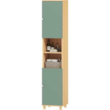 Meuble salle de bain rangement 2 placards 2 compartiments ouverts étagères réglables 30x30x166 cm vert (1/5)