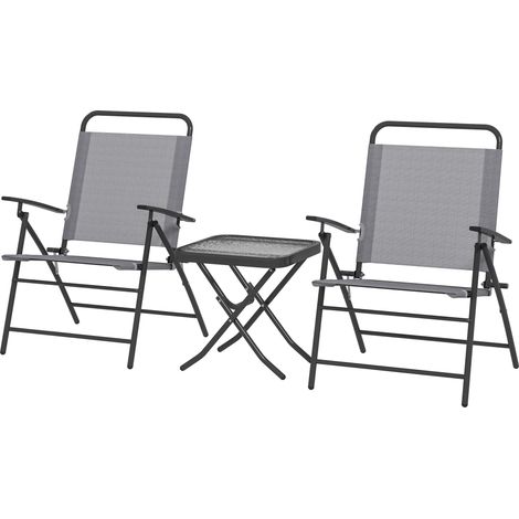 Gartenmöbelset mit Glastisch und 2 Klappstühlen mit verstellbaren Rückenlehnen, grau