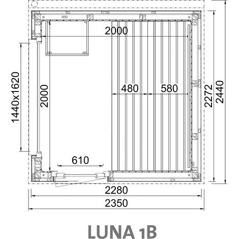 Infraworld Luna 1 Außensauna mit Lärche-Fassadenprofile versch. Fenstergrößen und Inneneinrichtung Luna 1B - Panorama-Fenster (BxH): 1440 x 1620 mm, Türe versetzt, 2 Liegen (1/5)