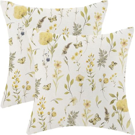 Housse De Coussin Fleurs Sauvages 45x45 Set De 2 Pour Canapé, Taie Décorative Jaune Et Verte, Rustique Pour Chambre (1/5)