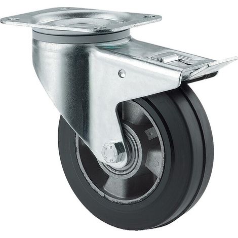 Roulette pivotante à blocage 3477 IEP, chape acier zingué embouti, roue aluminium à bandage caoutchouc élastique D 125mm - Tente