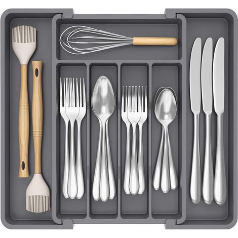 Range-couverts réglable - Extensible de 6 à 8 compartiments - 33-57 x 38 x 5,5 cm - Organisateur - Noir - Séparateur de tiroir - Plastique - (1/5)