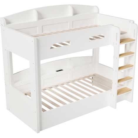 Letto a castello 90x200 cm con presa USB e ripiani laterali in legno e MDF bianco MODENUIT (1/5)