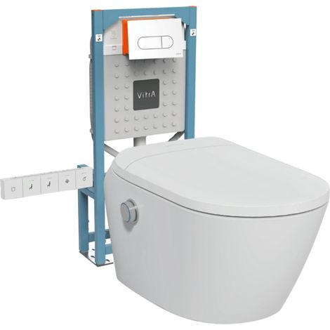 Pack WC lavant suspendu sans bride avec abattant et attentes électriques VitrA V-Care Ultra blanc + bâti autoportant V-Fix Easy + plaque blanche (1/4)
