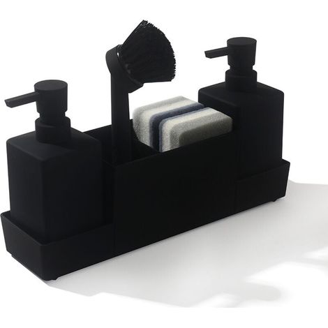 Organisateur d'évier, distributeur de liquide vaisselle, rangement pour brosses à vaisselle avec distributeur de liquide intégré, noir (1/4)