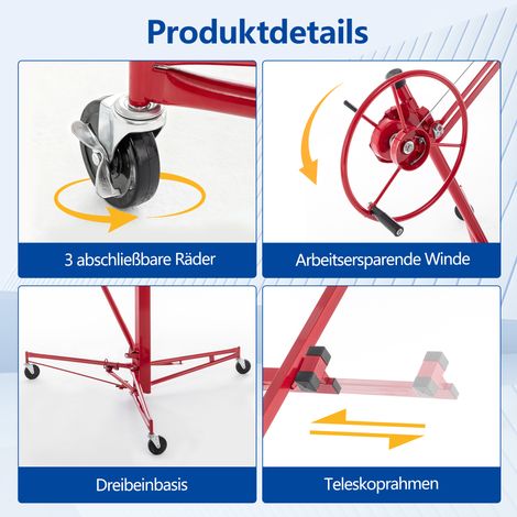 Pince de levage pour plaques de plâtre et plafonds : charge max 68 kg, hauteur de travail 140-350 cm, inclinaison 60°, pliable, 3 roues freinées pour transport facile (1/5)
