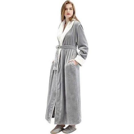 Peignoir long femme NETBOAT en flanelle chaud — col châle, 2 grandes poches, ceinture — M (128 cm) Gris (1/3)