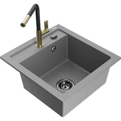 Mexen Vito 1-Becken-Granit-Spüle mit Mischbatterie Flora, Grau - 6503-71-670401-57-B