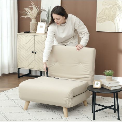 Sillón convertible beige de terciopelo, respaldo de 6 posiciones, con función cama HAVRYA (1/5)