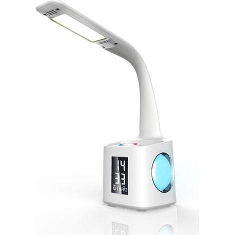 Lampada da scrivania con portapenne a LED, batteria ricaricabile, calendario, sveglia, luce notturna, luminosità regolabile e filtro luce blu per bambini. (1/2)