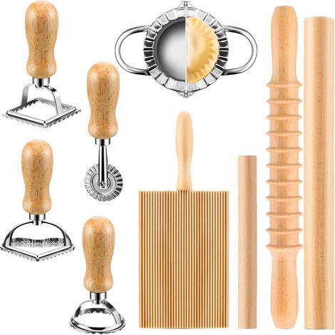 Kit de 9 pièces pour fabrication de pâtes – Moule ravioli en acier inoxydable – Rouleau en bois lissé – Planche à rainures en bambou (1/5)