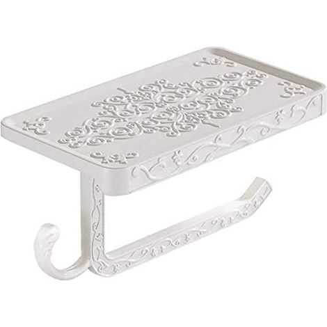 Soporte de papel higiénico de pared 2 en 1 con orificio para taladro, portarrollos vintage con estante para el baño (blanco) (1/2)