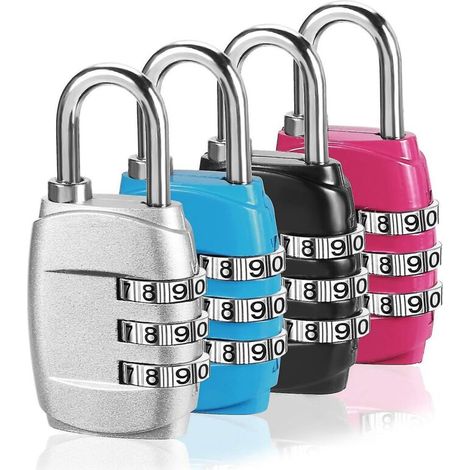 Kombinationsschlösser für Gepäck, Fahrradschlösser (4er-Set): 3-stellige Kombinationsschlösser mit Gehäuse aus einer Aluminiumlegierung für Reisetaschen, Koffer, Schließfächer, Fitnessstudios. (1/5)