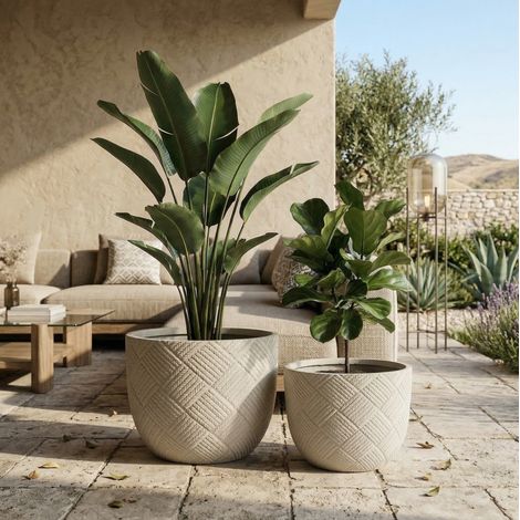 Lot de 2 pots de fleurs ronds 37x28 cm et 45x35 cm avec drainage, magnésium oxyde, intérieur extérieur - gris (1/5)
