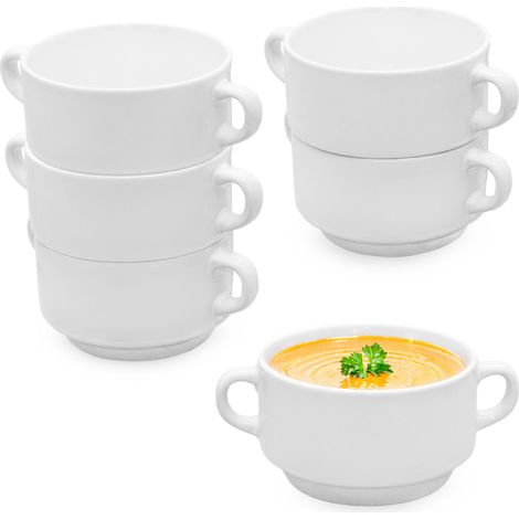 Keramik Suppentasse 200ml weiß mit Henkel - 6er Set - Suppenschale stapelbar für Suppe und Dessert - Suppenterrine Keramikschale