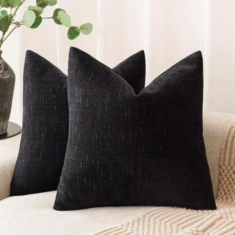 Lot de 2 Housses de Coussins 45x45 cm Chenille Douce Noir Housse de Coussin Décorative Taie d'oreiller Lombaire Solide pour Canapé Salon Lit Décoration d'intérieur (Noir) (1/4)
