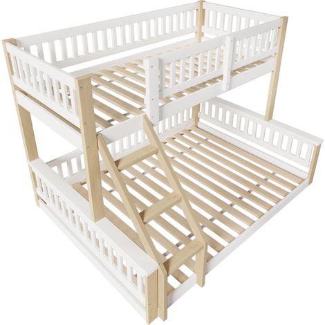 Letto a castello 90x200 cm + 140x200 cm con scala e sponde, bianco e naturale, senza materasso (1/5)