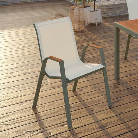 Lote de 6 sillas de jardín apilables de metal y textileno NOUMEA, verde y madera