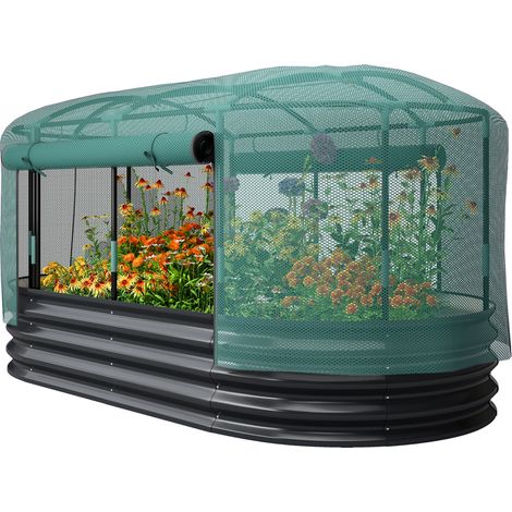 Carré potager de jardin avec cage de protection, jardinière surélevée en acier galvanisé, 180 x 90 x 93 cm, gris et vert (1/5)
