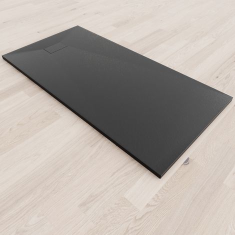 SMC Duschwanne Duschtasse mit Anti-Rutsch Flach mit Steinoptik Schwarz inkl. Ablaufgarnitur 180x90 cm