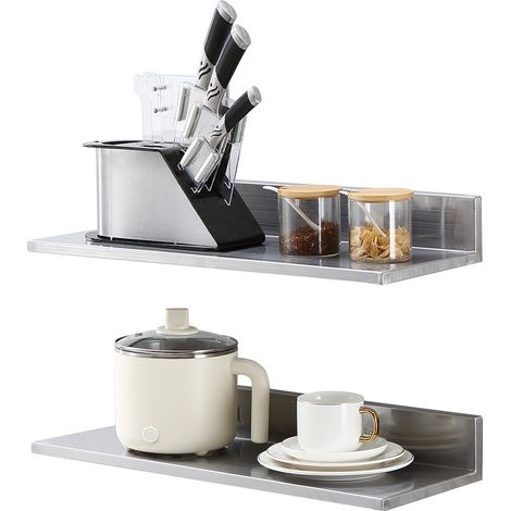 Étagère Murale 2PCs 610x218x85 mm Tablette Flottante en Acier Inoxydable avec Dosseret Charge Max. 20 kg Design Ouvert pour Livres Cadre Photo Plante Épices Salon Bureau Salle de Bains Cuisine (1/5)