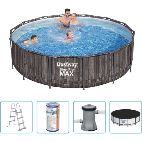 Piscine Bestway Steel Pro MAX - 427 x 107 cm - Imprimé bois - Ronde - Avec pompe de filtration + accessoires (1/5)