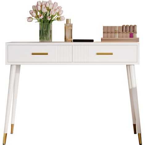 CHICFURN Toeletta bianca 100 x 40 x 76 cm, 2 cassetti, gambe in metallo, senza specchio (1/5)