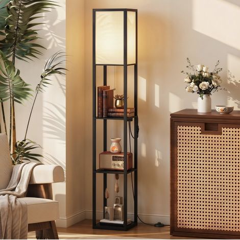 Lampada da terra LED con scaffali, dimmerabile, interruttore a catena, USB e presa, nero DESVIAE (1/5)