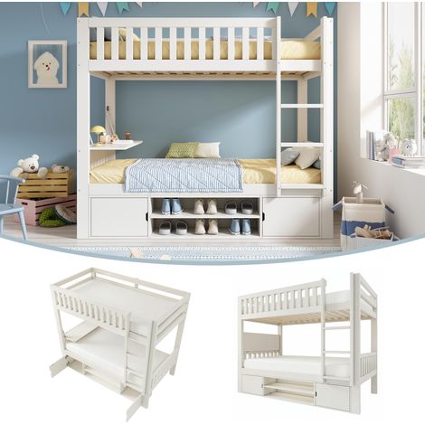 Lit mezzanine enfant blanc 90×200cm avec tablette rabattable et range-chaussures intégré, sommier à lattes, solution gain de place tout-en-un, conforme à la norme EN 747, matelas non inclus