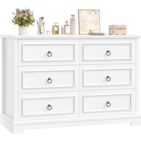 Kommode Weiß 6 Schubladen 120 cm – Holzoptik Sideboard Kommode für Schlafzimmer, Wohnzimmer & Flur
