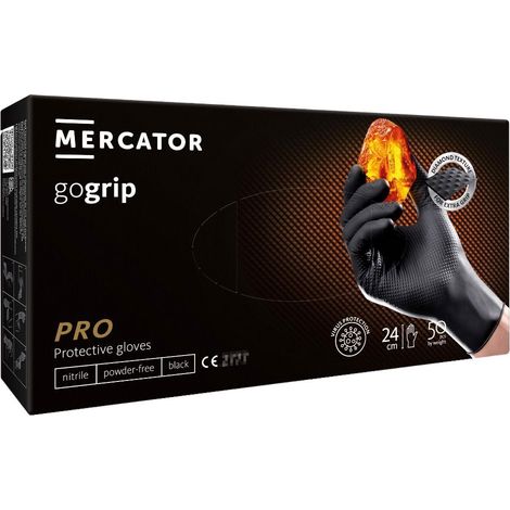 Guantes de nitrilo Gogrip XXL Mercator, 50 unidades, color negro.