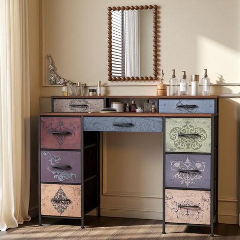 Toeletta in legno con 9 cassetti di stoccaggio – Scrivania per trucco stile classico e campestre, 120x40x90 cm, altezza regolabile, per camera