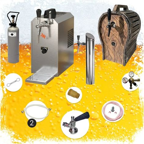Untertheken Komplett Set - Zapfanlage JET 30 Bierkoffer, Bierzapfanlage, Durchlaufkühler 1-leitig Trockenkühler, bis zu 35 Liter/h mit Holzfass, Zapfkopf:ohne