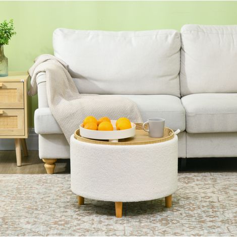 Pouf de rangement rond avec couvercle rabattable, coffre intégré, pieds en bois, 56 x 42 cm, blanc, sans montage, pour salon et chambre  CHICFURN (1/5)