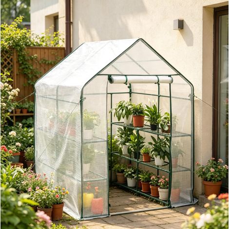 Serre de jardin 143x143x195 cm blanche en polyéthylène et acier avec ouverture zippée (1/5)