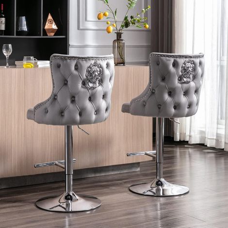 Barhocker 2er Set Samt Grau Höhenverstellbar mit Löwenkopf-Ring (1/5)